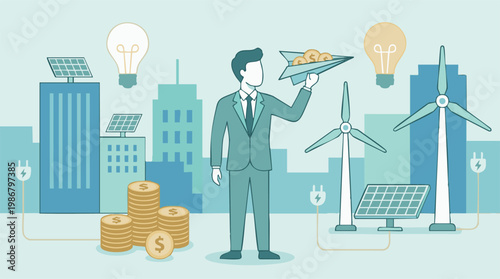 Businessman investing in green energy and sustainable urban development