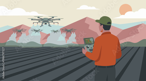 Farmer operating agricultural drones for modern crop spraying in a field