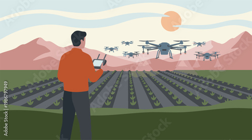 Man operating agricultural drones for crop spraying in a smart farm field