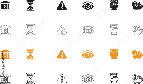 Minimalist business and finance icon set featuring bank buildings, hourglasses, warning signs, eye symbols, clenched fists, and piggy banks.