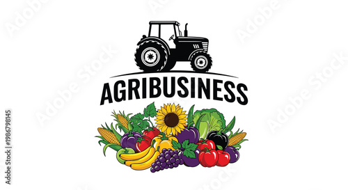 Agribusiness logo or banner featuring a black tractor icon above a bountiful pile of fresh vegetables and fruits.