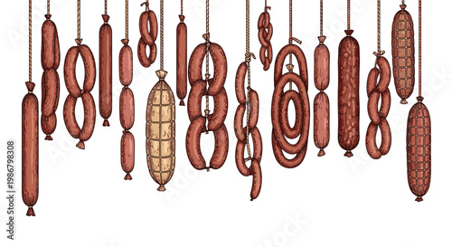 Large assortment of different types of sausages and salamis hanging on ropes in a traditional butcher shop display.