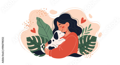 Loving young woman tenderly hugs her small spotted puppy surrounded by green tropical leaves and floating red hearts.