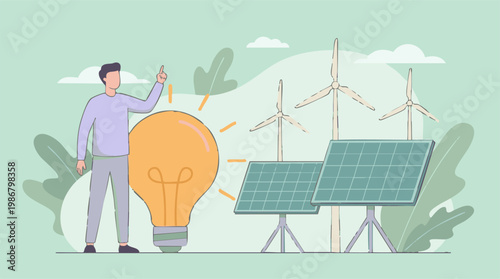 Man with Idea for Renewable Energy Solutions and Green Future