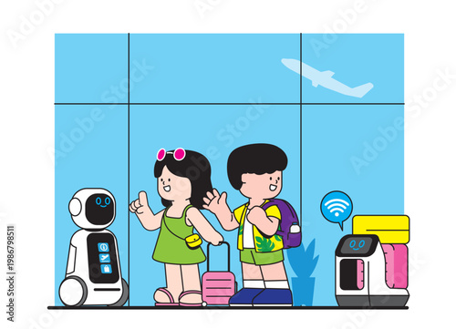 Smart airport technology concept with robotic helpers assisting man and woman travelers