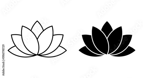 Minimalist lotus flower vector icons, black and white floral zen symbols, elegant water lily outline and silhouette set for yoga and wellness branding