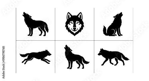 Wolf silhouette collection, black coyote and timber wolf vector set of 6 icons, howling wild animal shapes, predatory forest canine graphics