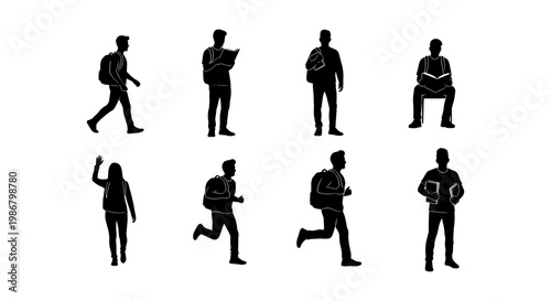 Student silhouettes set with 8 vector elements, university students with backpacks walking and running, academic people figures for campus design