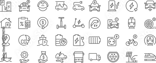 Electric vehicle or transport web icons. Electric car, battery, charging station, solar panel, range, plug, collection. Editable stroke. Vector