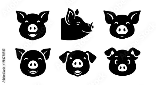 Minimalist pig head icons set, black silhouette farm animal faces, collection of 6 stylized swine vector illustrations for butchery and food branding