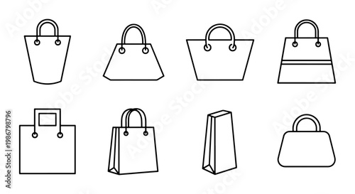 Minimalist shopping bag icons set, 8 black line vector fashion handbags, retail paper bag and tote bag collection for e-commerce and store branding