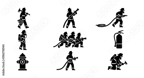 Firefighter silhouette icons set, professional firemen in action with equipment, black emergency responder vector graphics for safety signage