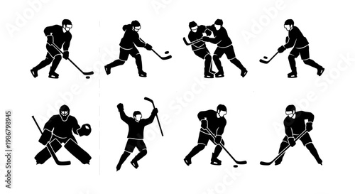 Photography Ice hockey player silhouettes set, professional athletes in action poses, black