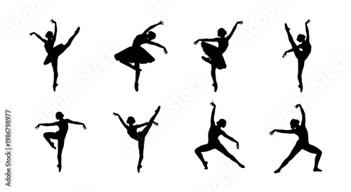 Graceful ballerina silhouettes, set of 8 ballet dancer vector icons, elegant female performers in classical dance poses, black silhouette art