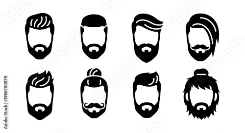 Barber shop hair and beard styles, set of 8 male facial hair silhouettes, modern men hairstyle icons, black and white vector grooming elements