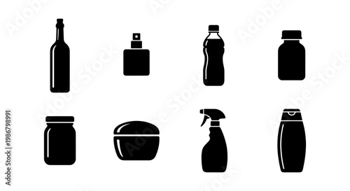 Black bottle icons set, collection of 8 packaging silhouettes, liquid container vector graphics, cosmetic and household product bottle symbols