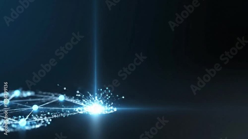 Abstract glowing digital network connections with bright light flare on dark background