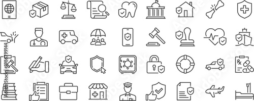 Insurance web icons. Medical, Car, insurance situations, accident, health, flood, life, travel, fly, home. Editable stroke. Vector