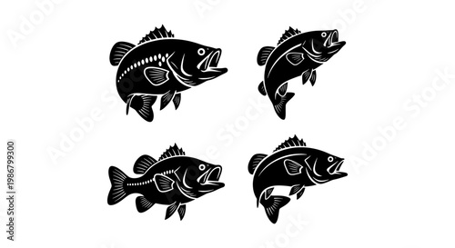 Vintage largemouth bass fishing silhouettes, set of 4 black fish vector icons, jumping bass fish illustrations for outdoor sport and tournament logos