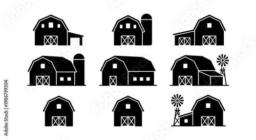 Rustic barn icons set, 9 black farm building silhouettes, traditional countryside granary and silo vector illustrations for agriculture branding