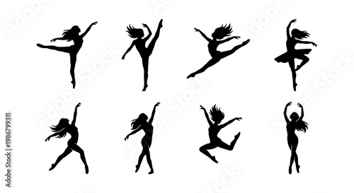 Graceful ballet dancer silhouettes, set of 8 ballerina vector icons, elegant female performers in jumping and dancing poses, black dance figures