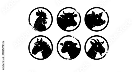 Vintage farm animal silhouettes in circular frames, set of 6 rustic livestock icons, black and white butcher shop and organic agriculture logos