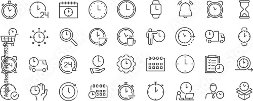 Time and Clock web icons. Calendar, timer, time, stopwatch, countdown, collection. Editable stroke. Vector