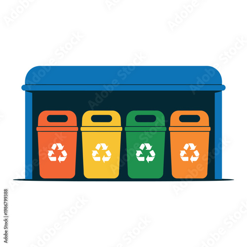 Recycling bins row icons four covered waste sorting containers in orange yellow green red under shelter with recycling symbols for public park design