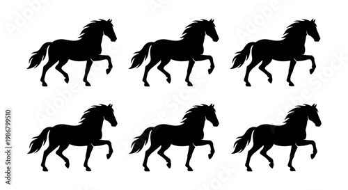 Black horse silhouette collection, set of 6 stallion vector icons, elegant equine animal shapes for logo design and equestrian branding