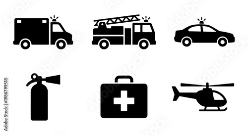 Emergency services icon set, black silhouette first responder vehicles and equipment, 6 vector icons including ambulance, fire truck, and police car