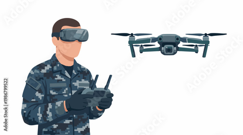 Military personnel in VR headset operating drone with remote control