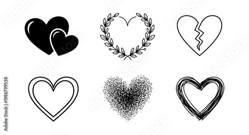 Minimalist black heart icons set, 6 vector heart elements in various styles, broken heart and laurel wreath heart symbols for wedding and romance design