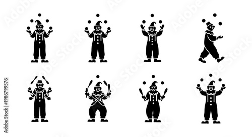Circus clown juggling icons set, black silhouette performer characters, 8 vector elements of carnival entertainers juggling balls and clubs
