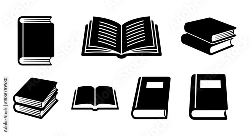 Minimalist book icons set, black and white vector library symbols, collection of 7 book elements for education and literature design