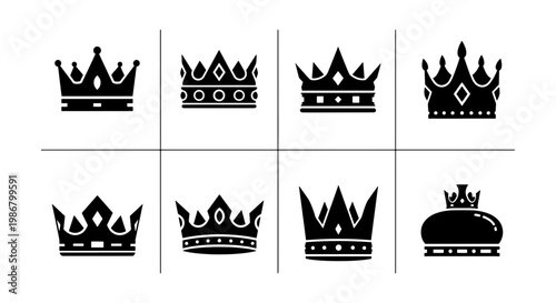 Royal crown icons set, black silhouette king and queen headwear, 8 elegant imperial tiara vector elements for luxury branding and heraldry