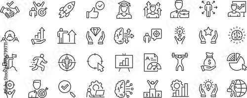 Personal growth web icons. Editable stroke.  Growth profit, career progress, business people, strategy, coaching, tutorship, collection.