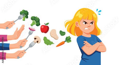 Stubborn little girl with crossed arms refusing to eat healthy vegetables like broccoli and carrots being offered by multiple hands.