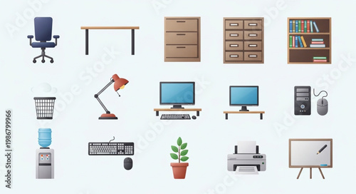 Collection of Office Furniture and Equipment Icons.
