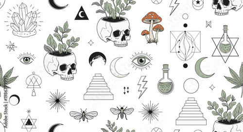 Mystical seamless pattern with esoteric symbols like skulls mushrooms crystals potions eyes and moon phases for magic and witchcraft.
