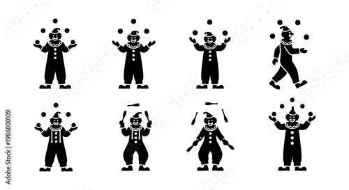 Circus clown juggling icons set, black silhouette performer characters, 8 vector elements of carnival entertainers and jugglers