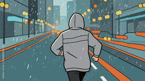Man Running in Rainy Urban Street at Night