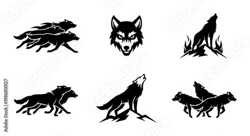 Wolf silhouette vector icons set, black timber wolf head and howling coyote graphics, wild animal pack mascot illustrations for sports logos