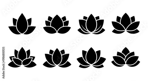 Minimalist lotus flower icons set, black floral silhouettes for yoga and wellness branding, 8 vector lotus symbols for spa and meditation logo design