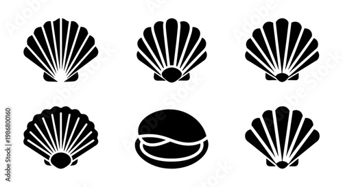 Minimalist seashell icon set, black scallop shell vector silhouettes, 6 marine clam and mollusk symbols for beach branding and nautical logos