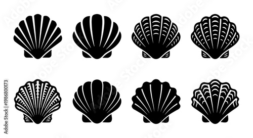 Black seashell vector icons set, minimalist scallop shell silhouettes, 8 sea shell graphic elements for nautical logo design and beach branding