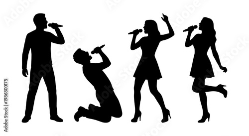 Karaoke singer silhouettes set, men and women performing with microphones, vocalists singing on stage vector, music entertainment icons