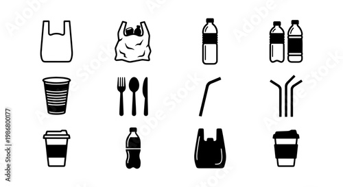 Single-use plastic waste icons set, disposable packaging and cutlery vector elements, environmental pollution symbols for ecological awareness