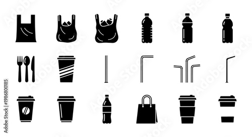 Single-use plastic waste icons, black silhouette set of 18 environmental pollution symbols, disposable packaging and plastic bottle vector graphics