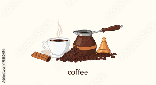 Classic coffee composition with a steaming white cup a traditional cezve pot roasted beans and cinnamon sticks on a beige background.