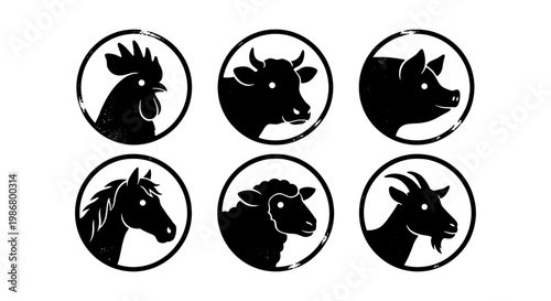 Vintage farm animal silhouettes, set of 6 rustic livestock icons in circles, black and white barnyard animal head vectors for butchery and organic food branding